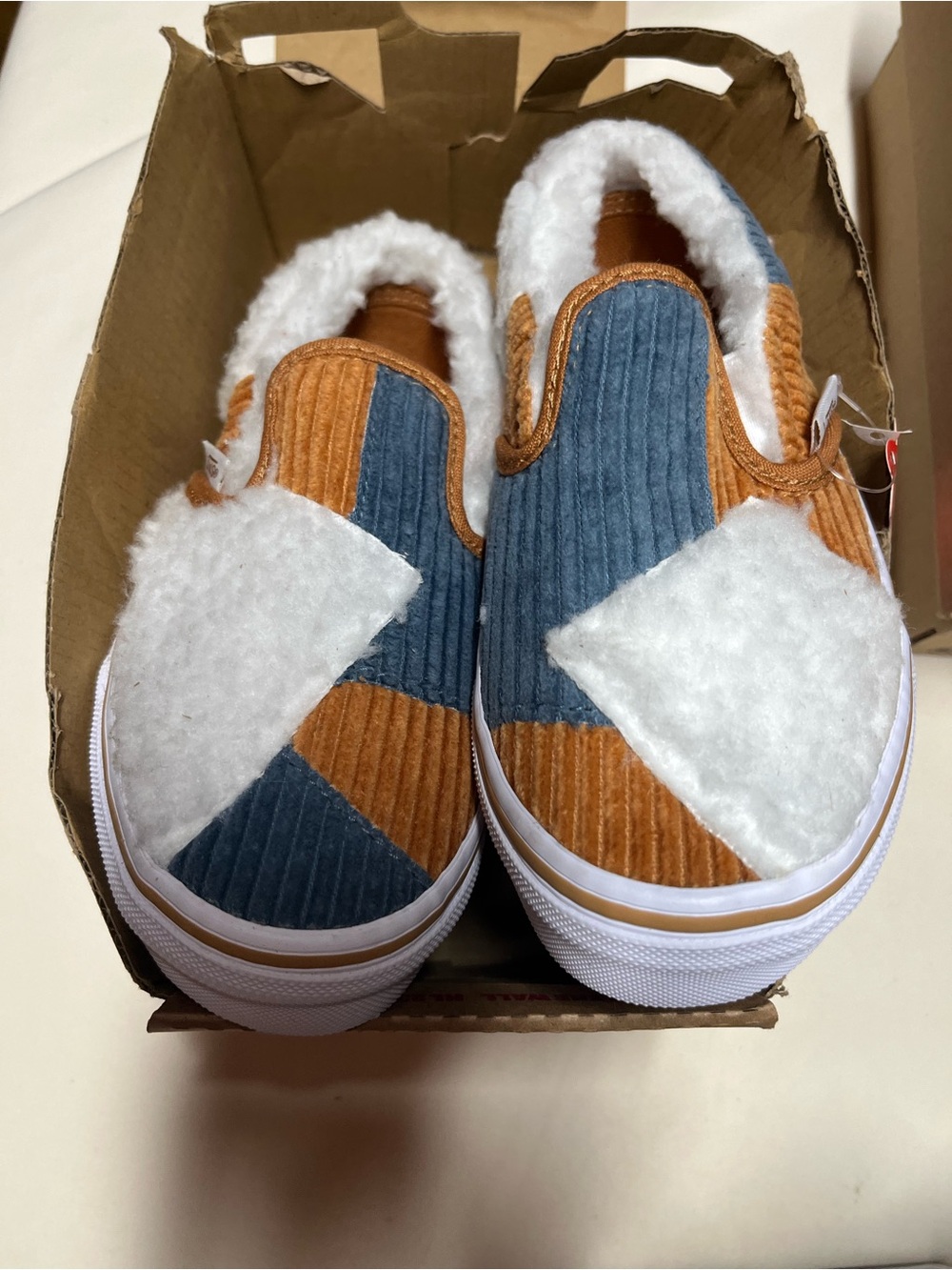 Vans Kids Slip-On Corduroy & Sherpa Sneakers in Blue & Brown